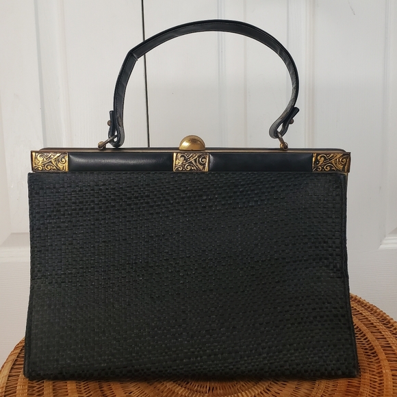 Handbags - Vintage Black Wicker Frame Top Handbag Gold Leather Accents Kiss Lock Closure